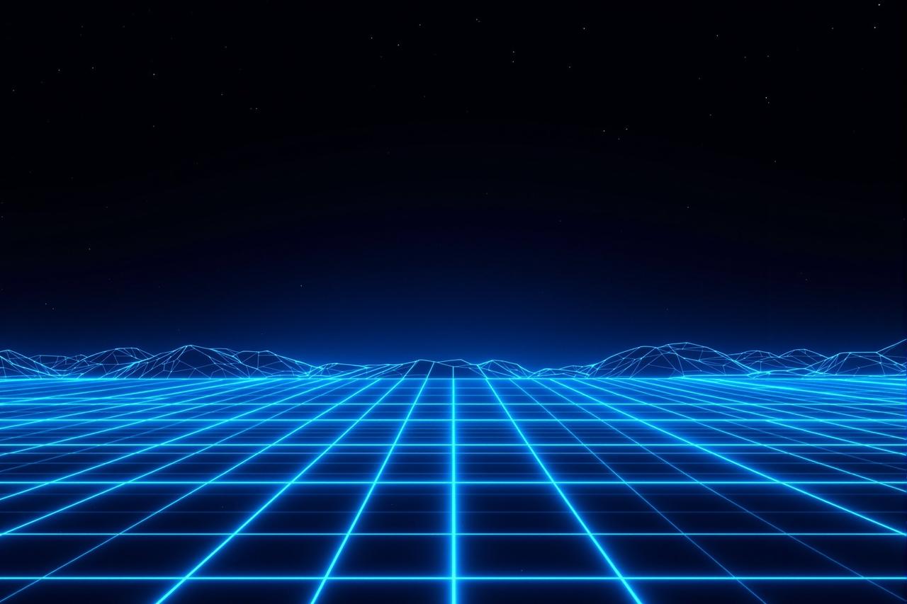 影视剧背景 - 霓虹像素网格构成的数字电影世界